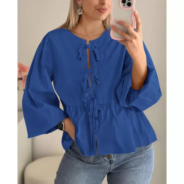 PRETTYGARDEN Womens Babydoll Peplum Blouse Shirt Puff Long Sleeve Bow Tie Front Trendy Cute Y2K Going Out TopsSolid Royal Blue