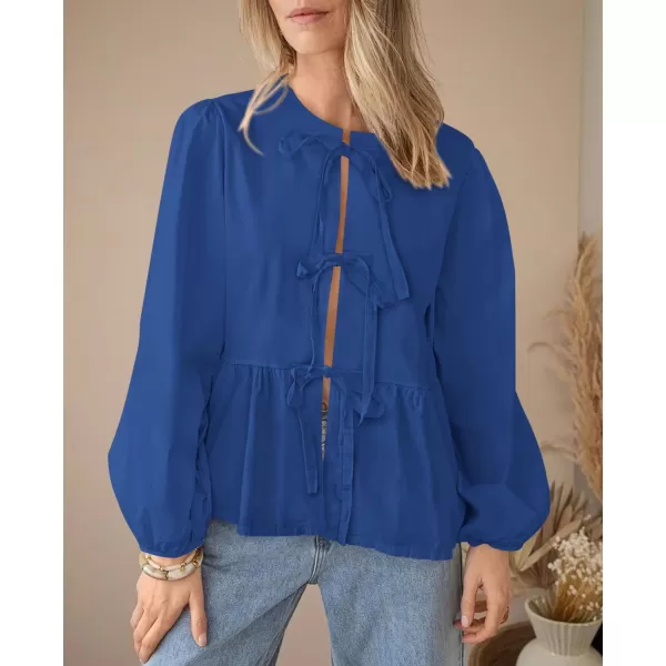 PRETTYGARDEN Womens Babydoll Peplum Blouse Shirt Puff Long Sleeve Bow Tie Front Trendy Cute Y2K Going Out TopsSolid Royal Blue