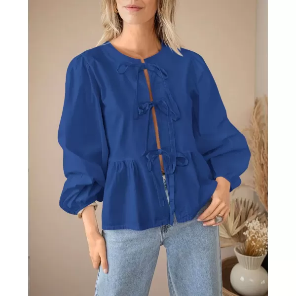 PRETTYGARDEN Womens Babydoll Peplum Blouse Shirt Puff Long Sleeve Bow Tie Front Trendy Cute Y2K Going Out TopsSolid Royal Blue