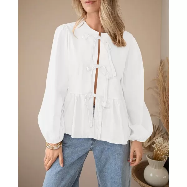 PRETTYGARDEN Womens Babydoll Peplum Blouse Shirt Puff Long Sleeve Bow Tie Front Trendy Cute Y2K Going Out TopsSolid White