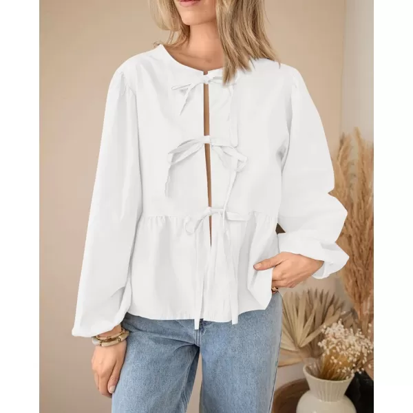 PRETTYGARDEN Womens Babydoll Peplum Blouse Shirt Puff Long Sleeve Bow Tie Front Trendy Cute Y2K Going Out TopsSolid White