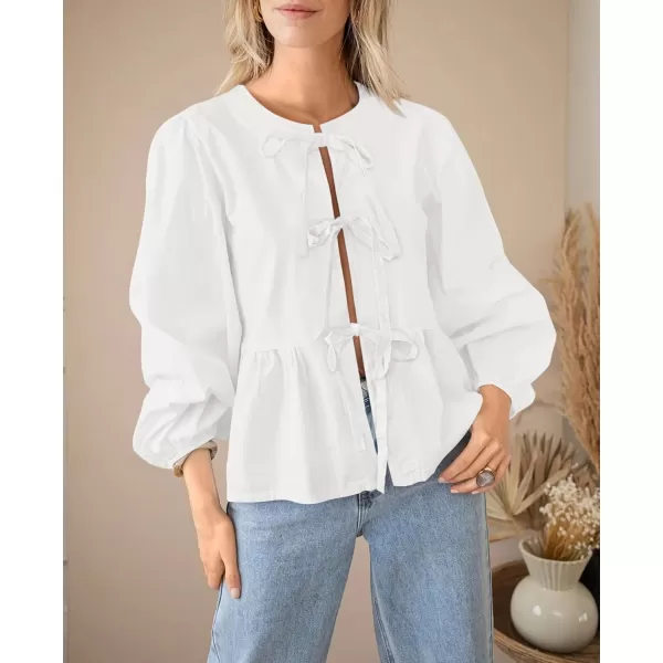 PRETTYGARDEN Womens Babydoll Peplum Blouse Shirt Puff Long Sleeve Bow Tie Front Trendy Cute Y2K Going Out TopsSolid White