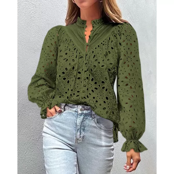 PRETTYGARDEN Womens Dressy Casual Blouse Tops Fall Puff Long Sleeve Button V Neck Hollow Out Lace Embroidered ShirtsArmy Green