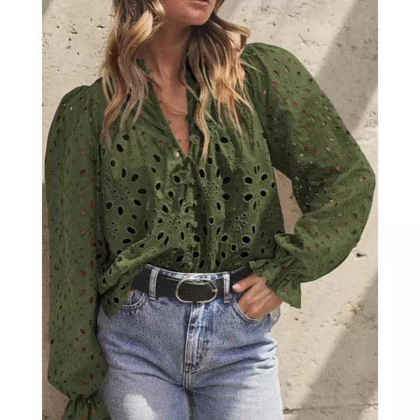 PRETTYGARDEN Womens Dressy Casual Blouse Tops Fall Puff Long Sleeve Button V Neck Hollow Out Lace Embroidered ShirtsArmy Green