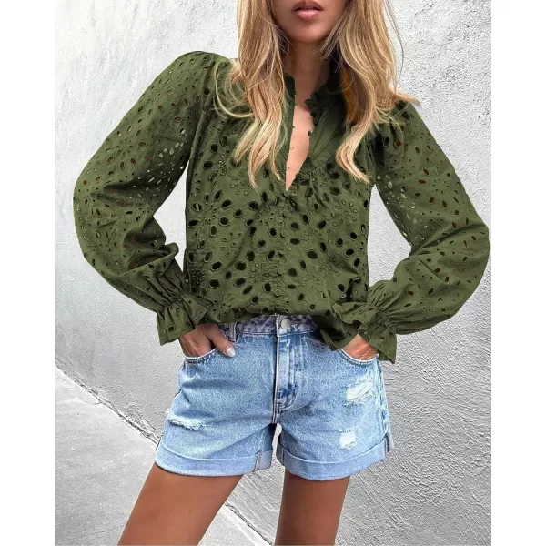 PRETTYGARDEN Womens Dressy Casual Blouse Tops Fall Puff Long Sleeve Button V Neck Hollow Out Lace Embroidered ShirtsArmy Green
