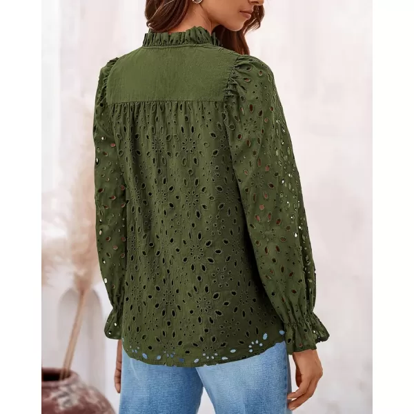 PRETTYGARDEN Womens Dressy Casual Blouse Tops Fall Puff Long Sleeve Button V Neck Hollow Out Lace Embroidered ShirtsArmy Green