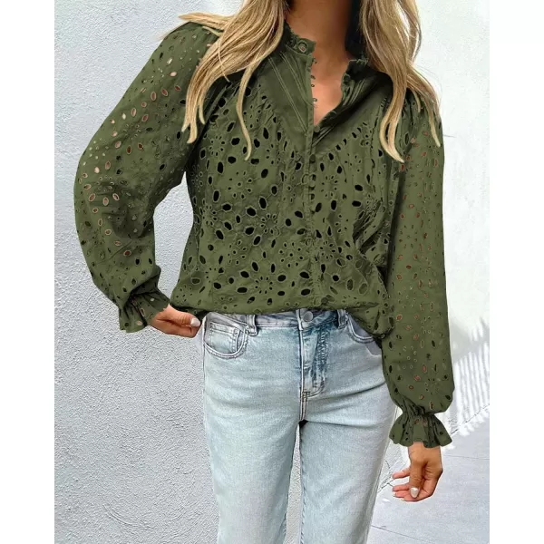 PRETTYGARDEN Womens Dressy Casual Blouse Tops Fall Puff Long Sleeve Button V Neck Hollow Out Lace Embroidered ShirtsArmy Green