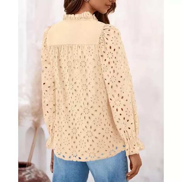 PRETTYGARDEN Womens Dressy Casual Blouse Tops Fall Puff Long Sleeve Button V Neck Hollow Out Lace Embroidered ShirtsBeige