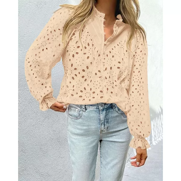 PRETTYGARDEN Womens Dressy Casual Blouse Tops Fall Puff Long Sleeve Button V Neck Hollow Out Lace Embroidered ShirtsBeige