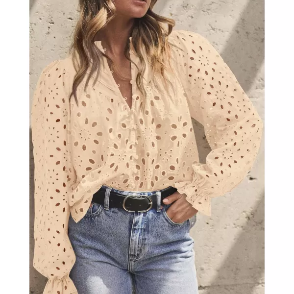PRETTYGARDEN Womens Dressy Casual Blouse Tops Fall Puff Long Sleeve Button V Neck Hollow Out Lace Embroidered ShirtsBeige