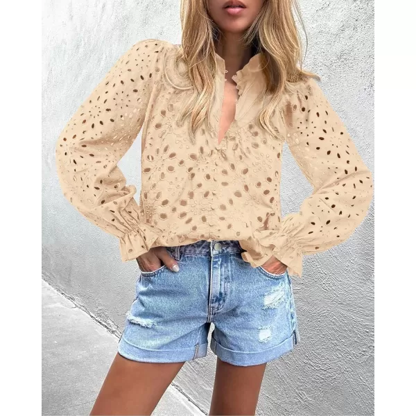 PRETTYGARDEN Womens Dressy Casual Blouse Tops Fall Puff Long Sleeve Button V Neck Hollow Out Lace Embroidered ShirtsBeige
