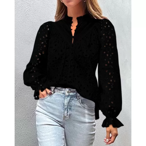 PRETTYGARDEN Womens Dressy Casual Blouse Tops Fall Puff Long Sleeve Button V Neck Hollow Out Lace Embroidered ShirtsBlack