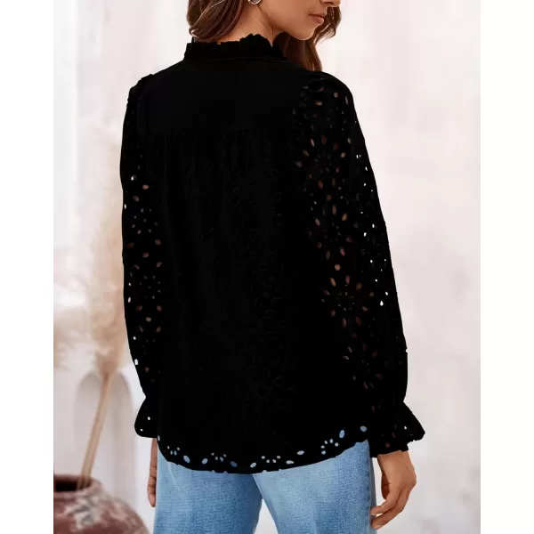 PRETTYGARDEN Womens Dressy Casual Blouse Tops Fall Puff Long Sleeve Button V Neck Hollow Out Lace Embroidered ShirtsBlack
