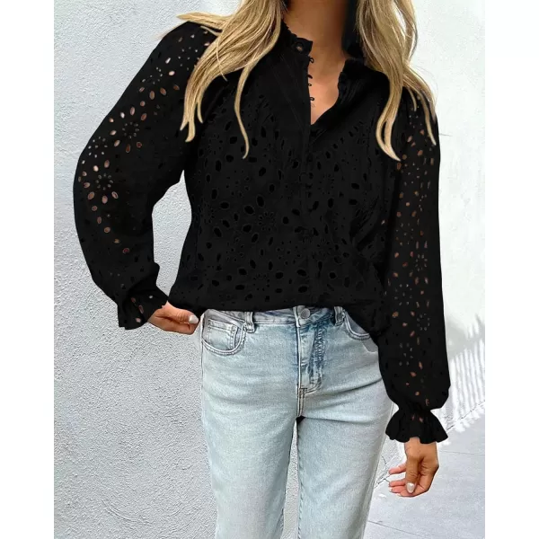 PRETTYGARDEN Womens Dressy Casual Blouse Tops Fall Puff Long Sleeve Button V Neck Hollow Out Lace Embroidered ShirtsBlack