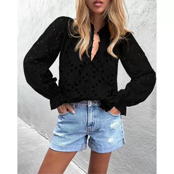 PRETTYGARDEN Womens Dressy Casual Blouse Tops Fall Puff Long Sleeve Button V Neck Hollow Out Lace Embroidered ShirtsBlack