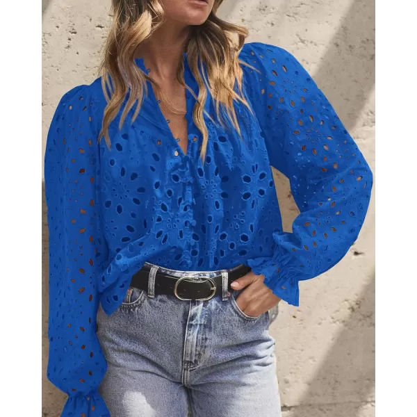 PRETTYGARDEN Womens Dressy Casual Blouse Tops Fall Puff Long Sleeve Button V Neck Hollow Out Lace Embroidered ShirtsBlue