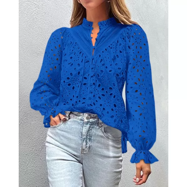 PRETTYGARDEN Womens Dressy Casual Blouse Tops Fall Puff Long Sleeve Button V Neck Hollow Out Lace Embroidered ShirtsBlue
