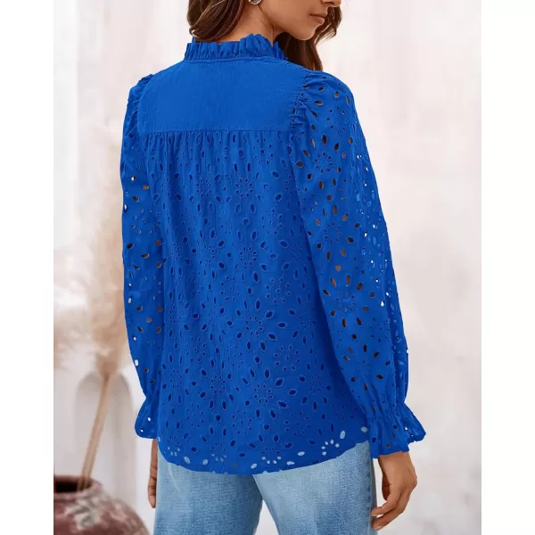 PRETTYGARDEN Womens Dressy Casual Blouse Tops Fall Puff Long Sleeve Button V Neck Hollow Out Lace Embroidered ShirtsBlue