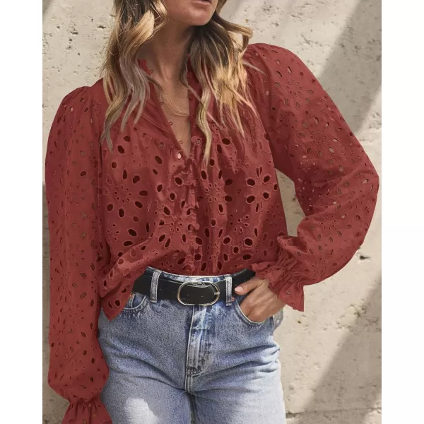 PRETTYGARDEN Womens Dressy Casual Blouse Tops Fall Puff Long Sleeve Button V Neck Hollow Out Lace Embroidered ShirtsBrown Red