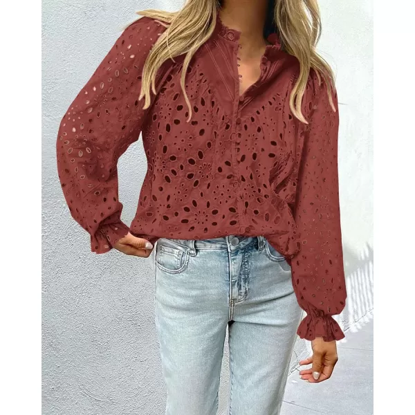 PRETTYGARDEN Womens Dressy Casual Blouse Tops Fall Puff Long Sleeve Button V Neck Hollow Out Lace Embroidered ShirtsBrown Red