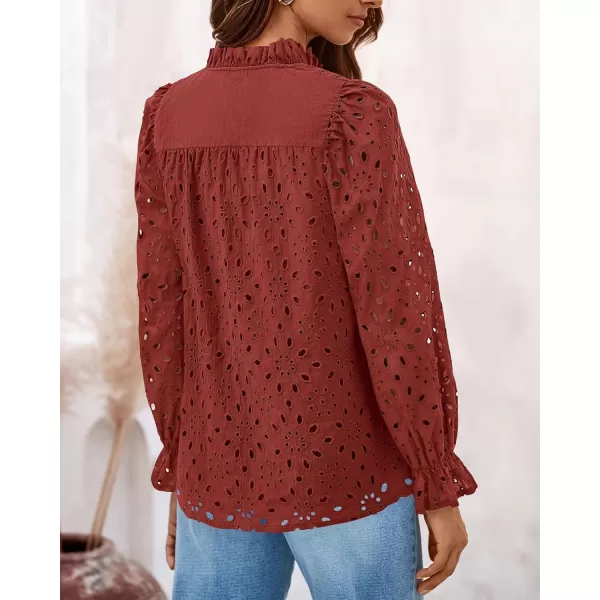 PRETTYGARDEN Womens Dressy Casual Blouse Tops Fall Puff Long Sleeve Button V Neck Hollow Out Lace Embroidered ShirtsBrown Red