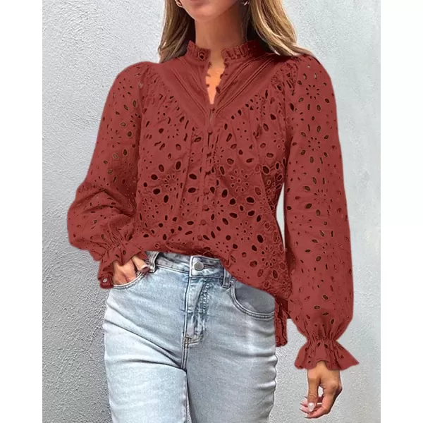 PRETTYGARDEN Womens Dressy Casual Blouse Tops Fall Puff Long Sleeve Button V Neck Hollow Out Lace Embroidered ShirtsBrown Red