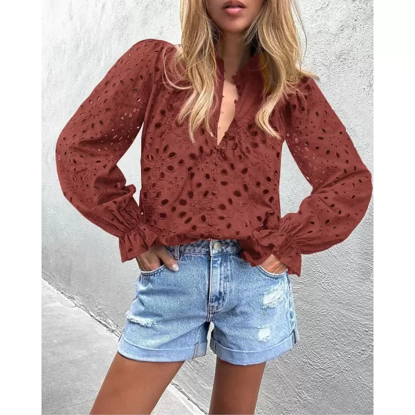 PRETTYGARDEN Womens Dressy Casual Blouse Tops Fall Puff Long Sleeve Button V Neck Hollow Out Lace Embroidered ShirtsBrown Red