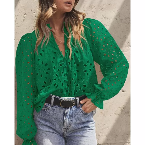 PRETTYGARDEN Womens Dressy Casual Blouse Tops Fall Puff Long Sleeve Button V Neck Hollow Out Lace Embroidered ShirtsDark Green
