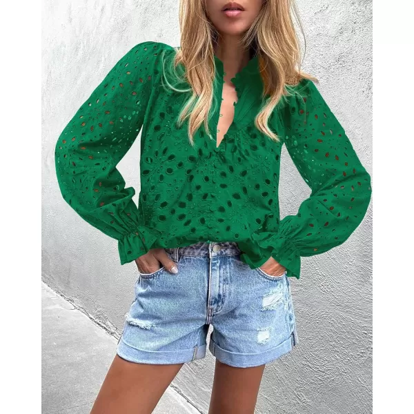 PRETTYGARDEN Womens Dressy Casual Blouse Tops Fall Puff Long Sleeve Button V Neck Hollow Out Lace Embroidered ShirtsDark Green