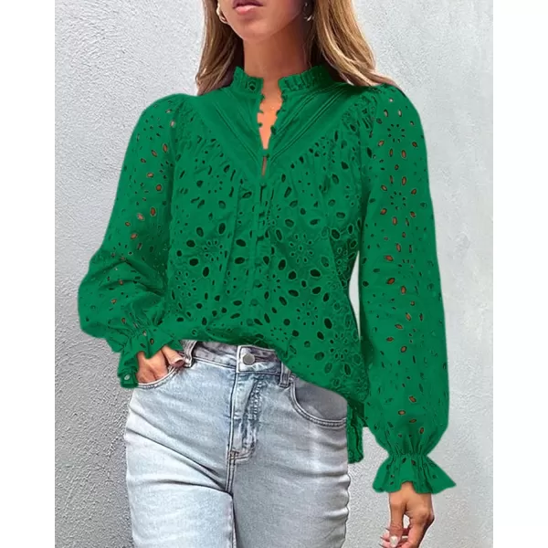 PRETTYGARDEN Womens Dressy Casual Blouse Tops Fall Puff Long Sleeve Button V Neck Hollow Out Lace Embroidered ShirtsDark Green