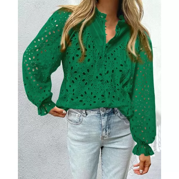 PRETTYGARDEN Womens Dressy Casual Blouse Tops Fall Puff Long Sleeve Button V Neck Hollow Out Lace Embroidered ShirtsDark Green
