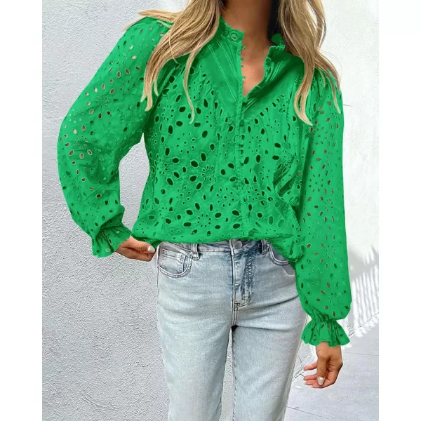 PRETTYGARDEN Womens Dressy Casual Blouse Tops Fall Puff Long Sleeve Button V Neck Hollow Out Lace Embroidered ShirtsGreen