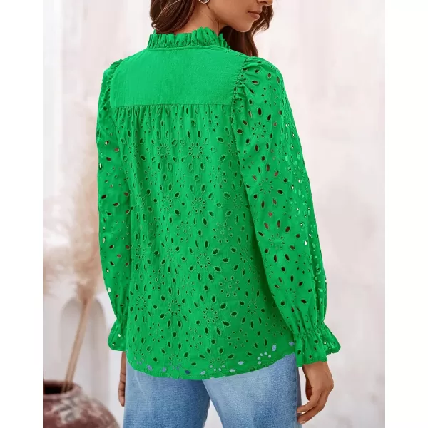 PRETTYGARDEN Womens Dressy Casual Blouse Tops Fall Puff Long Sleeve Button V Neck Hollow Out Lace Embroidered ShirtsGreen
