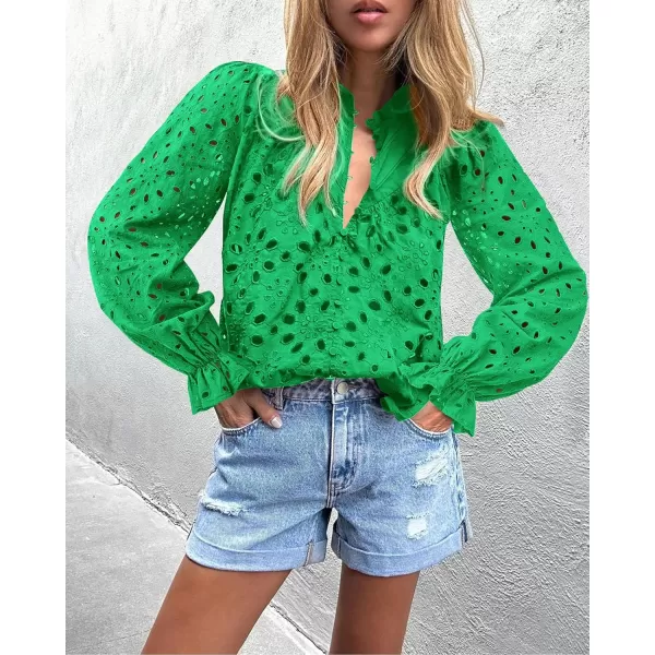 PRETTYGARDEN Womens Dressy Casual Blouse Tops Fall Puff Long Sleeve Button V Neck Hollow Out Lace Embroidered ShirtsGreen