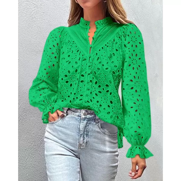 PRETTYGARDEN Womens Dressy Casual Blouse Tops Fall Puff Long Sleeve Button V Neck Hollow Out Lace Embroidered ShirtsGreen