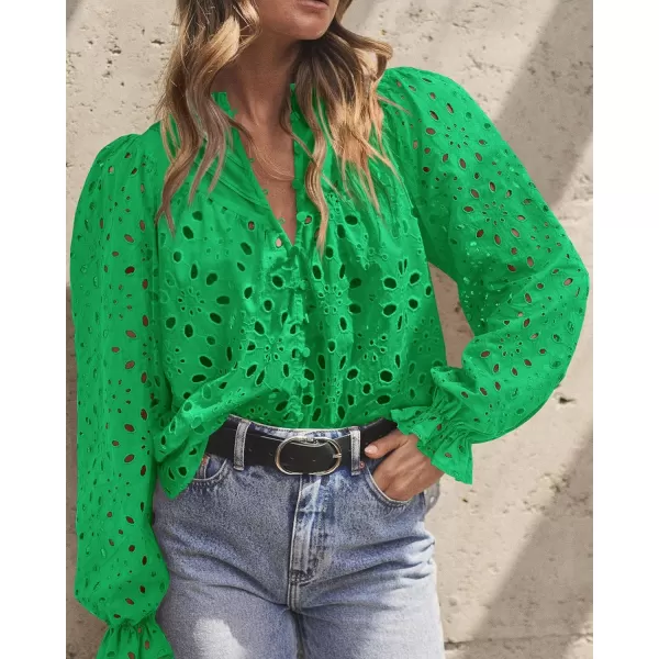 PRETTYGARDEN Womens Dressy Casual Blouse Tops Fall Puff Long Sleeve Button V Neck Hollow Out Lace Embroidered ShirtsGreen