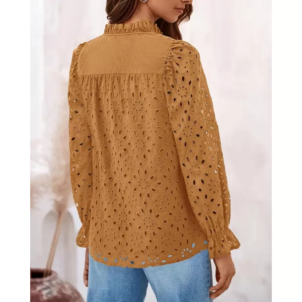PRETTYGARDEN Womens Dressy Casual Blouse Tops Fall Puff Long Sleeve Button V Neck Hollow Out Lace Embroidered ShirtsKhaki