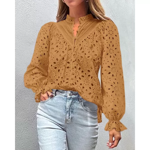 PRETTYGARDEN Womens Dressy Casual Blouse Tops Fall Puff Long Sleeve Button V Neck Hollow Out Lace Embroidered ShirtsKhaki