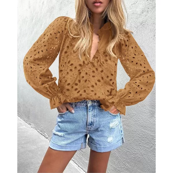 PRETTYGARDEN Womens Dressy Casual Blouse Tops Fall Puff Long Sleeve Button V Neck Hollow Out Lace Embroidered ShirtsKhaki