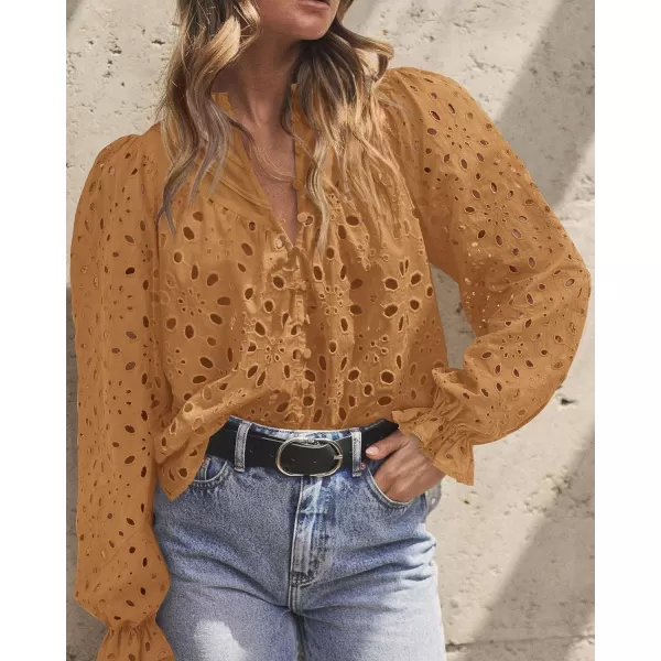 PRETTYGARDEN Womens Dressy Casual Blouse Tops Fall Puff Long Sleeve Button V Neck Hollow Out Lace Embroidered ShirtsKhaki