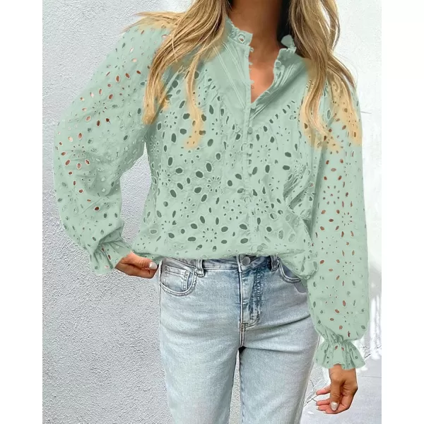 PRETTYGARDEN Womens Dressy Casual Blouse Tops Fall Puff Long Sleeve Button V Neck Hollow Out Lace Embroidered ShirtsLight Green