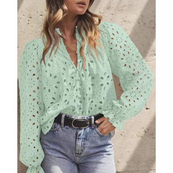 PRETTYGARDEN Womens Dressy Casual Blouse Tops Fall Puff Long Sleeve Button V Neck Hollow Out Lace Embroidered ShirtsLight Green
