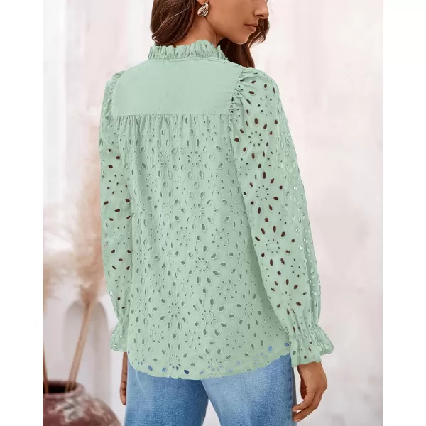 PRETTYGARDEN Womens Dressy Casual Blouse Tops Fall Puff Long Sleeve Button V Neck Hollow Out Lace Embroidered ShirtsLight Green