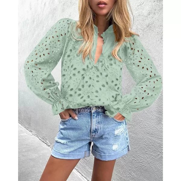 PRETTYGARDEN Womens Dressy Casual Blouse Tops Fall Puff Long Sleeve Button V Neck Hollow Out Lace Embroidered ShirtsLight Green