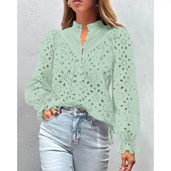 PRETTYGARDEN Womens Dressy Casual Blouse Tops Fall Puff Long Sleeve Button V Neck Hollow Out Lace Embroidered ShirtsLight Green