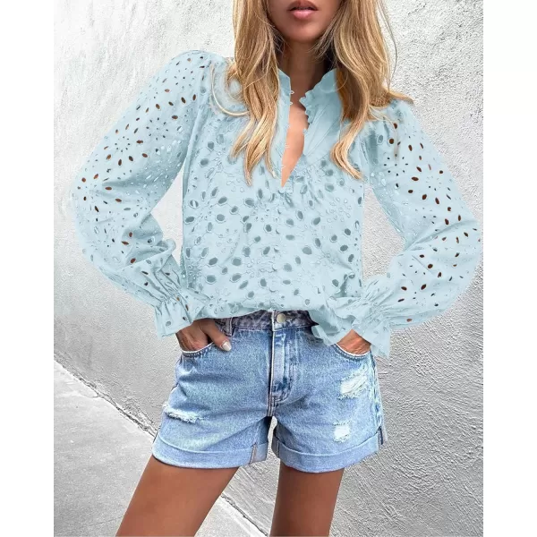 PRETTYGARDEN Womens Dressy Casual Blouse Tops Fall Puff Long Sleeve Button V Neck Hollow Out Lace Embroidered ShirtsMint Green