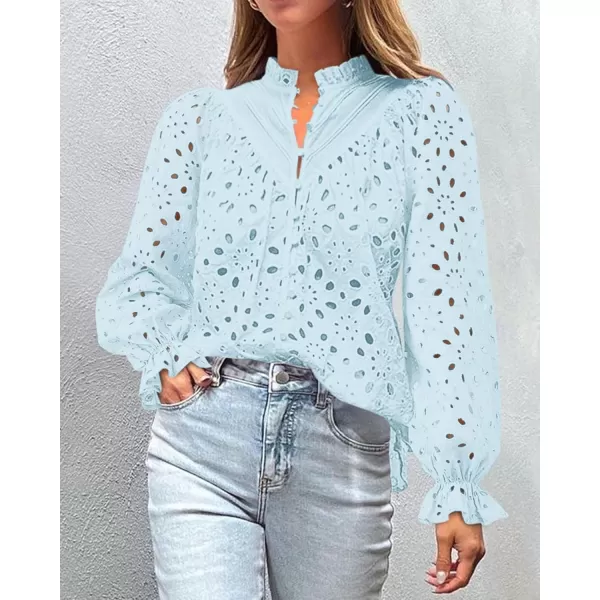 PRETTYGARDEN Womens Dressy Casual Blouse Tops Fall Puff Long Sleeve Button V Neck Hollow Out Lace Embroidered ShirtsMint Green