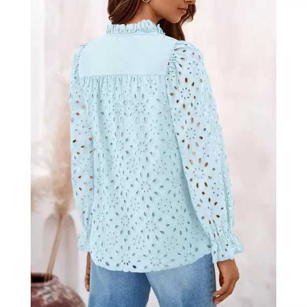 PRETTYGARDEN Womens Dressy Casual Blouse Tops Fall Puff Long Sleeve Button V Neck Hollow Out Lace Embroidered ShirtsMint Green