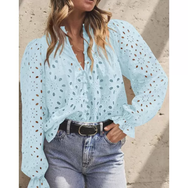 PRETTYGARDEN Womens Dressy Casual Blouse Tops Fall Puff Long Sleeve Button V Neck Hollow Out Lace Embroidered ShirtsMint Green