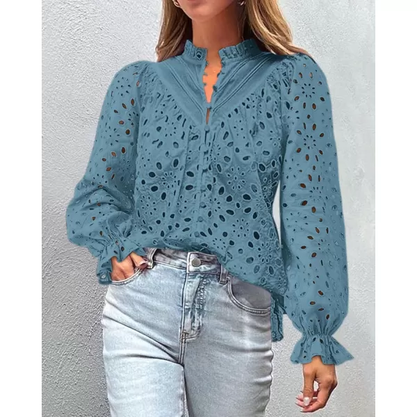 PRETTYGARDEN Womens Dressy Casual Blouse Tops Fall Puff Long Sleeve Button V Neck Hollow Out Lace Embroidered ShirtsMist Blue